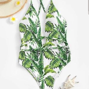 one piece tropical green bathing suit
